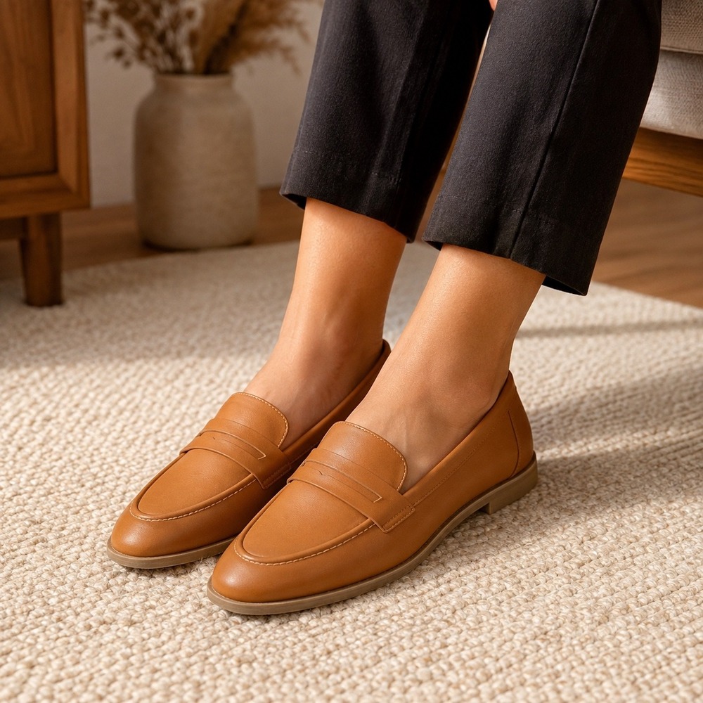 A New Day Womens Cognac Brown Faux Leather Memory Foam Penny Loafers Size 8.5